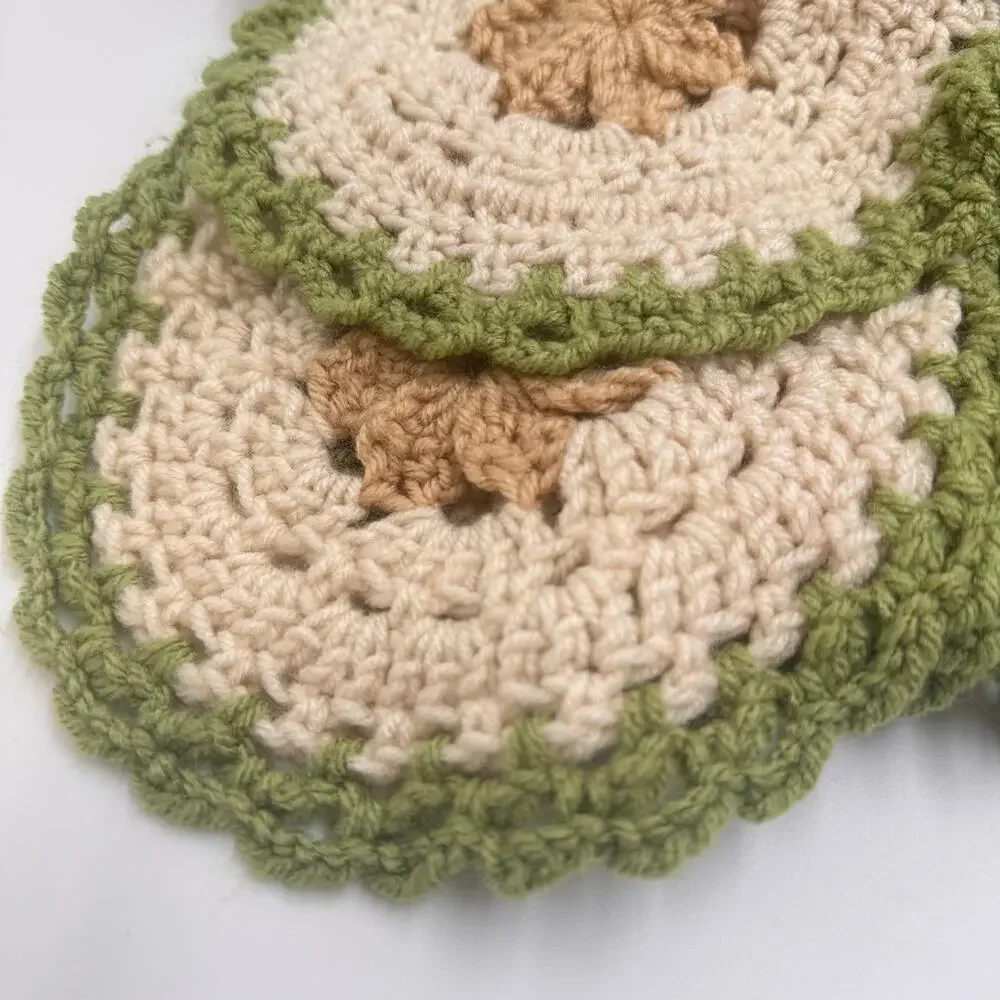 Handmade Crochet Throw Blanket Cream Green Tan Scalloped Afghan 62